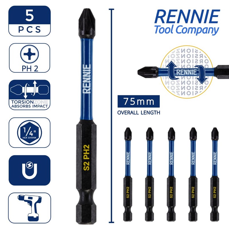 5 x Rennie Tools 75mm Long PH2 Impact Screwdriver Driver