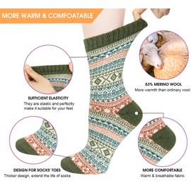 Justay 5 Pairs Merino Wool Socks Womens Thicken Thermal Knitting Crew Ladies Sock for Hiking Backpacking Climbing Winter（green, pink, red） (Red/brown/green/blue/dark blue)