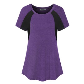 Women Athletic Shirts, Youth Juniors Crew Neck Primary Yoga Tshirts Short Sleeve Fast Dry Loose Fit Hipster Running Tunic Tops for Leggings Modest Workout Activewear Clothes Purple XL