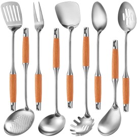 Teenyyou 9 Pack 18/10 Stainless Steel Kitchen Utensils Set with Wood Handle - 15' Metal Cooking Tools & Serving Utensil Set Slotted Spoon, Fork, Spatula, Ladle, Skimmer, Spaghetti Spoon, Large Spoon