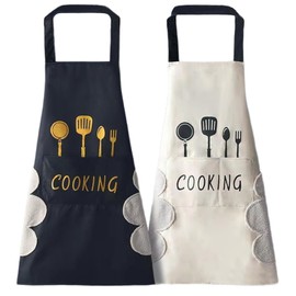 Ruikdly Pack of 2 Cooking Aprons, Cotton Adjustable Cooking Apron, Kitchen Apron, Barbecue Apron, Waterproof Cooking Apron with 2 Pockets, BBQ Baking Chef Apron for Women, Men, Adults (Black White),