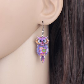 Sweet Dangle OWL Earrings Acrylic Long Bird Drop For Women Both Side Pattern By Bonsny Jewelry (Purple)