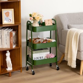 AGTEK 3 Tier Utility Rolling Cart with Lockable Wheels, Metal Multifunctional Storage, Organizer Cart for Kitchen, Office, Living Room, Makeup, Craft, Art Studio, Forest Green