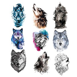 9 Sheets Wolf Tattoo for Women Men, Lot Wolf Tattoo Sticker for Women Men Fashion Body Art Adult Waterproof Hand Fake Tattoo (21 x 15 cm)