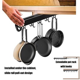 amhyicho 14IN Hanging Pot Rack with 6 Hook for Cabinet Pull Out Pot and Pan organizer Adjustable Pot Racks with Sliding Rail Storage Utility Rack Used for Kitchen/Closet/Cupboard,Load 75LBS
