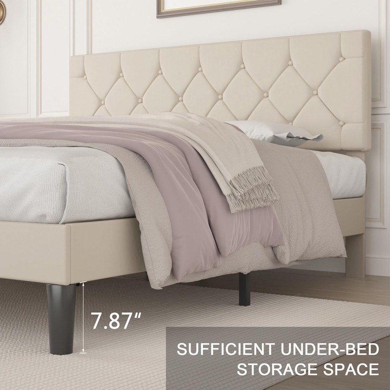 VECELO Queen Size Bed Frame with Button Tufted Headboard, Upholstered