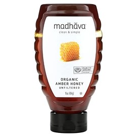Miel orgánica ámbar MADHAVA, sin filtrar, 16 oz (paquete de 1) | Edulcorante natural, alternativa al azúcar | Miel orgánica 100% pura | Miel pura | USDA orgánica | Sin OGM | Edulcorante líquido