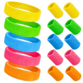Udbrud Neon Sweatband Set, 15 Pieces 80s Headband 5 Colours Sweatband Headband Men & Women for Retro 80s 90s Party Carnival Running Jogging Tennis