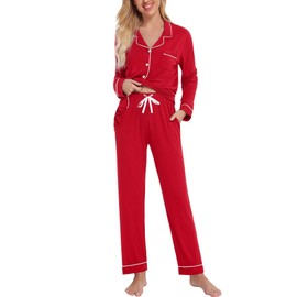 SWOMOG Womens Pajamas Set Long Sleeve Sleepwear Button Down Nightwear Soft Pj Lounge Sets Red