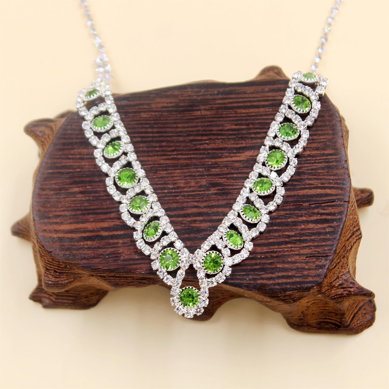 JunyiDIY Elegant Green Crystal Necklace Earrings Set | Zircon Chain