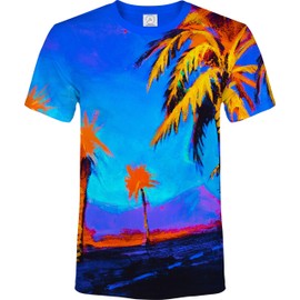 aofmoka Neon Glow Blacklight UV Reactive Party Festival Rave Dance Concert Graphic Tee Sport Top Indoor Outdoor Glowing Workout Blue Yellow Beach Hawaii Palms Handmade Painted Art Men Medium T-Shirt