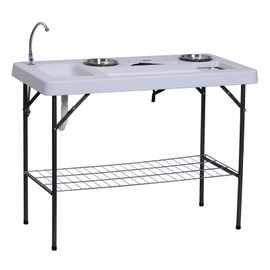 Outsunny Portable Folding Camping Table with Sink, Faucet, Dual Stainless Steel Basins, and Accessories for Fish Cleaning, 50"