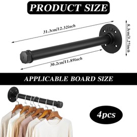 zisiueel Industrial Pipe Clothing Rack 12 Inch 4 Pack, Wall Mounted Clothes Rack Heavy Duty Rustic Vintage Steel Black Metal Clothing Hanging Rod ﻿