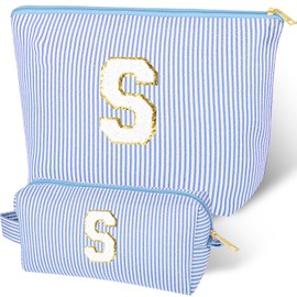 Make-up-Tasche mit Initiale, 2 Stück Personalisiert Schminktasche Damen, Nach Initialen Reise-Make-up-Tasche für Frauen, Mama, Freundin, Muttertag, Valentinstag, Geburtstagsgeschenk（Blau S）