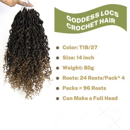 Goddess Locs Crochet Hair for Women, 14 inch Preloopd River Locs with Curly Ends, Black Faux Locs Crochet Hair Soft Braid Boho Hair Extensions 14 inch 96 Strands (1B/27)