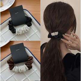 VOKLLIYU 2-piece Set Hair Rubber Scrunchie Pearl Hair Ring Pearlized Ribbon Decoration Scrunchie Stylish Hair Accessory Elegant Stylish Everyday Commute Date (Black + Brown)