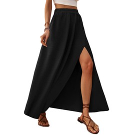Zeagoo Skirt Women's Long Elegant Summer Skirts A-line Elastic High Waist Maxi Skirt Plain Flowy Casual Skirt Beach Skirt with Slit S-XXL, black, L