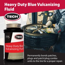 TECH Heavy-Duty Blue Vulcanizing Fluid – Tire Seal for All Types of Tires, Works with Stems and Patches, 8 oz Bottle with Brush Cap for Efficient Flat Restoration and Long-Lasting Performance