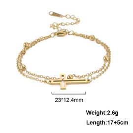 Dainty Gold Beads Chain Cross Bracelet Stainless Steel Rosary Jesus Prayer Crucifix Bracelet Sideways Religious Jewelry for Women-double mix