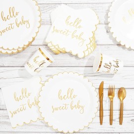 Sparkle and Bash Sparkle and Bash 48 Pack of 9-Inch Hello Sweet Baby Paper Plates - Gold and White Tableware for Baby Shower or Birthday Party Decorations
