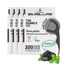 The Humble Co Dental Floss Picks for Teeth, 200 Count (Charcoal) - Single Thread Tooth Picks Flossers for Adults Gum Health - Plant-Based Toothpick Floss for Interdental Oral Care & Hygiene