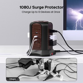 Surge Protector Power Strip Tower, PD18W Desktop Charging Station with 9 Widely Spaced Outlets, 2 USB-C, 2 USB-A Ports, 8ft Heavy-Duty Extension Cord for Home Office Dorm, Deep Wood Grain