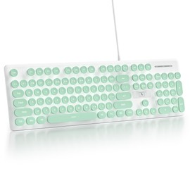 iRoboosta Quiet Keyboard Wired Membrane Keyboard Green, Full Size 104 Keys Typewriter Key Board with Number Pad, White LED Backlit, Round Keycaps, Cute Computer Keyboards (Light Green)