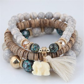 Caiyao Bohemian Stackable Wood Wooden Beads Elephant Charm Tassel Stretchy Bracelet Set for Women Men Multilayered Multicolor Acrylic Resin Seeds Bracelet Ethnic Jewelry Gift-A elephant