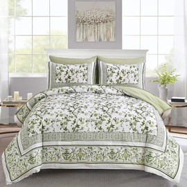 Dobuyly Floral King Size Comforter Set, Green Flowers on White Botanical Bedding Set 7 Piece Bed in a Bag King, Soft Microfiber Bedding Comforter Sets with Sheets for All Season