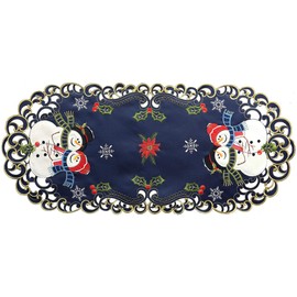 Creative Linens Holiday Christmas Table Runner Embroidered Snowman Snowflake Poinsettia Oval Dresser Scarf Blue Gold (15x34” Blue) Winter Decoration