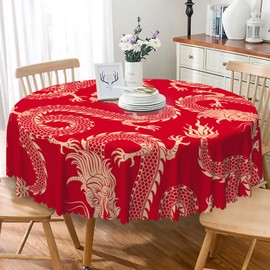 DORCEV Chinese Dragon Round Tablecloth Traditional Mascot Dragons Animal Red Gold Table Cloth Waterproof Fabric Table Cover for Dining Home Kitchen Restaurant Buffet New Year Party Table Decor,60 Inch