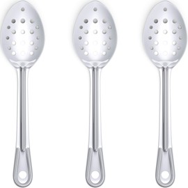 Cuchara de servir súper fuerte, ergonómica de 11 pulgadas, paquete de 3 Cucharas grandes de acero inoxidable perforadas para cocinar, hornear y untar Los mejores cubiertos de cocina para bufé y banquetes en restaurantes y hogares