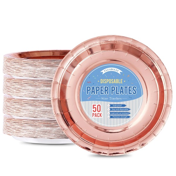 Tyzarglef - Platos de papel desechables de oro rosa, 50