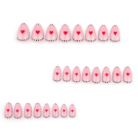 24 Pcs Press on Nails Short Red Heart False Nails with White and Black Striped Design Acrylic Nail Kit Full Cover Pink Almond Fake Nails Glossy Nails Glue on Nails for Women