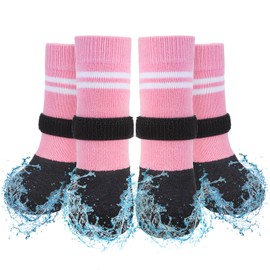 SCENEREAL Anti Slip Dog Boots & Paw Protectors for Hardwood Floor, Extended Dog Socks to Prevent Licking Paws, Waterproof Pet Snow Rain Shoe for Winter Large Senior Dogs, Pink L