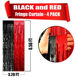4 Pack Foil Fringe Curtain Backdrop, 3.28Ft x 6.56Ft Metallic Tinsel Foil Fringe Streamers Curtains for Photo Booth, Wedding, Casino Viva Las Vegas Game Night Birthday Party Decoration Black Red