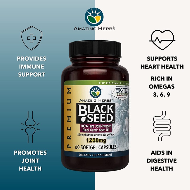 Amazing Herbs Premium Black Seed Oil Capsules - High Potency,