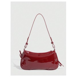 OYOANGLE Women's Patent Leather Shoulder Bags Bow Decor Adjustable Strap Zipper Handbags Vintage Y2K Clutch Purses Burgundy One-Size