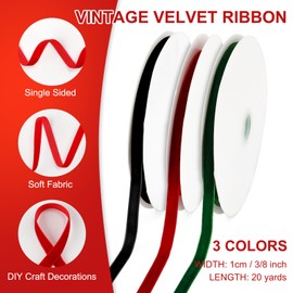 3 Rolls Christmas Velvet Ribbon, 3/8 Inch 20 Yard Vintage Velvet Satin Ribbon Solid Color Velvet Ribbon for Christmas Wrapping Wedding DIY Crafts Decoration Party Supplies (Total 60 Yards)