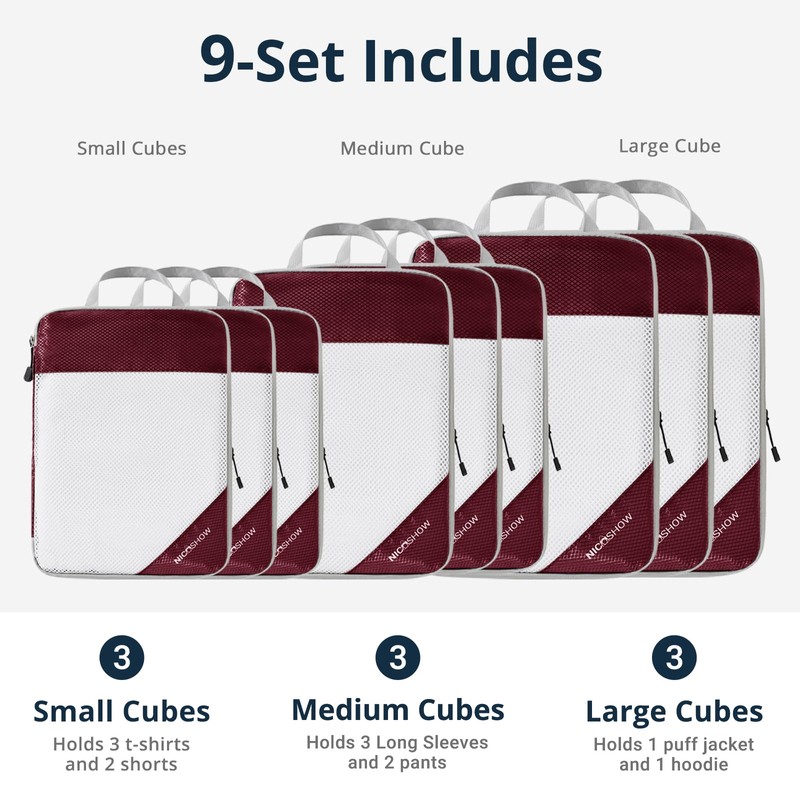 9 Set Compression Packing Cubes for Travel - Compressible, Lightweight,