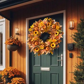 Uieke 28 Inch Fall Wreath for Front Door Outside Large Artificial Autumn Wreath with Orange Red Pumpkins Maple Leaves Berries Fall Decoration for Home Farmhouse Door Wreath for Harvest Thanksgiving