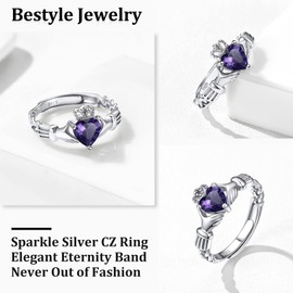 Bestyle 925 Sterling Silver Heart Crytsal Celtic Claddagh Rings | Classic Silver February Amethyst Birthstone Rings for Women, Great Birthday Gift for Daughter/Wife/Mom/Grandma