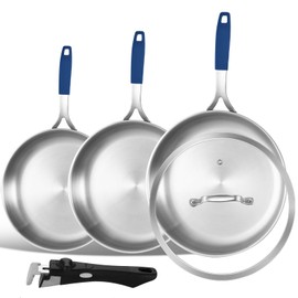 Inqibee 8.5-10-12 Inch Tri-Ply Stainless Steel Frying Pan set of 3 with a Lid,Skillets,Induction Cooking Pans,Pots and Pans Set,Oven and Dishwasher Safe,Detachable Handle.