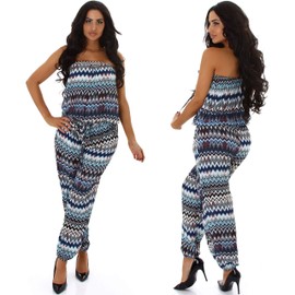 Jela London Women's Onesie Jumpsuit Romper Bandeau Halterneck (36-38) - Zigzag blue, size: 36-38