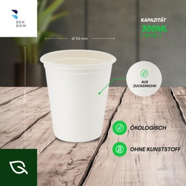 BenBow Disposable Sugar Cane Cups, White, 300 ml x 50 - High Quality Cups, Better Than Paper Cups, Environmentally Friendly, Recyclable, for Hot and Cold Drinks, Ideal for Parties or Coffee