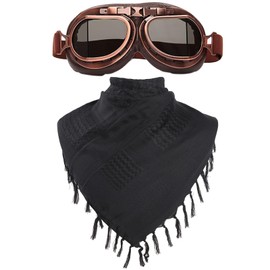 Peicees Vintage Helmet Goggles with Cotton Shemagh Keffiyeh, Motorcycle Bike Motocross Pilot Goggle Tactical Desert Scarf Neck Head Wrap for Women Men, Copper Frame Smoke Lenses