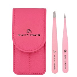 Beauty Power Professional Tweezers Set – Slant & Point, Ultra Precision German Stainless Steel Tweezers for Eyebrows, Chin, Ingrown Hair & Facial Grooming – Lightweight with Travel Case (Pink)