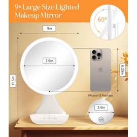 Gospire 9" Large Lighted Makeup Mirror with Wireless Charging, 2800mAh Rechargeable Vanity Mirror with Detachable 10X Magnification Mirror, 3 Color Lights, 60°Rotation, Standing Mirror for Desk