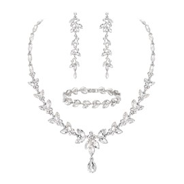 Ever Faith Austrian Crystal Bridal Bridesmaid Jewelry Sets, Elegant Marquise Rhinestone Leaf Necklace Dangle Earrings Tennis Bracelet Set Clear Silver-Tone