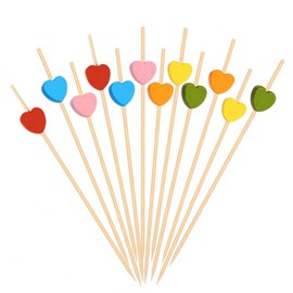 Catelves Wooden Skewers Pack of 100 Cocktail Sticks, 12 cm Cocktail Picks Hearts Wooden Toothpicks, Multicoloured Finger Food Skewers, 12 cm Hearts Cocktail Sticks Fruit Skewers, Cocktail Skewers for